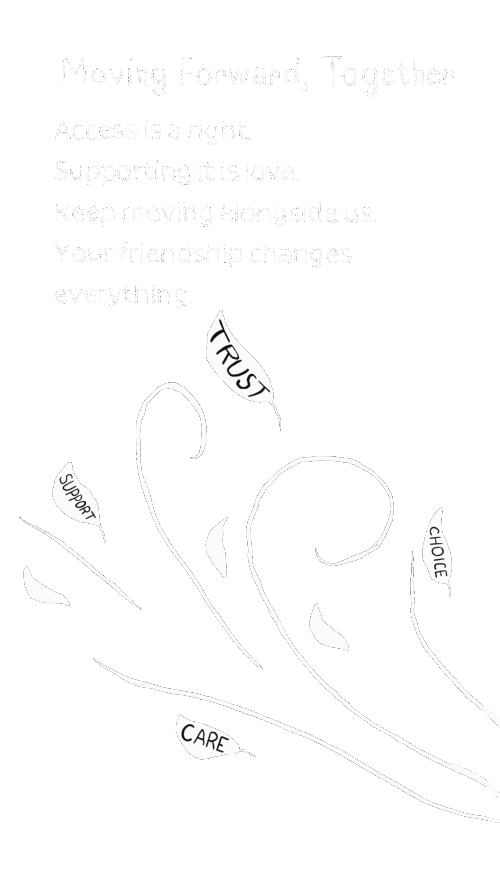 Inspirational quote on black background with white handwritten text and abstract leaf and line drawings. The quote says, "Moving Forward, Together. Access is a right. Supporting it is love. Keep moving alongside us. Your friendship changes everything." Words within the leaf include "TRUST," "SUPPORT," "CHOOSE," and "CARE."