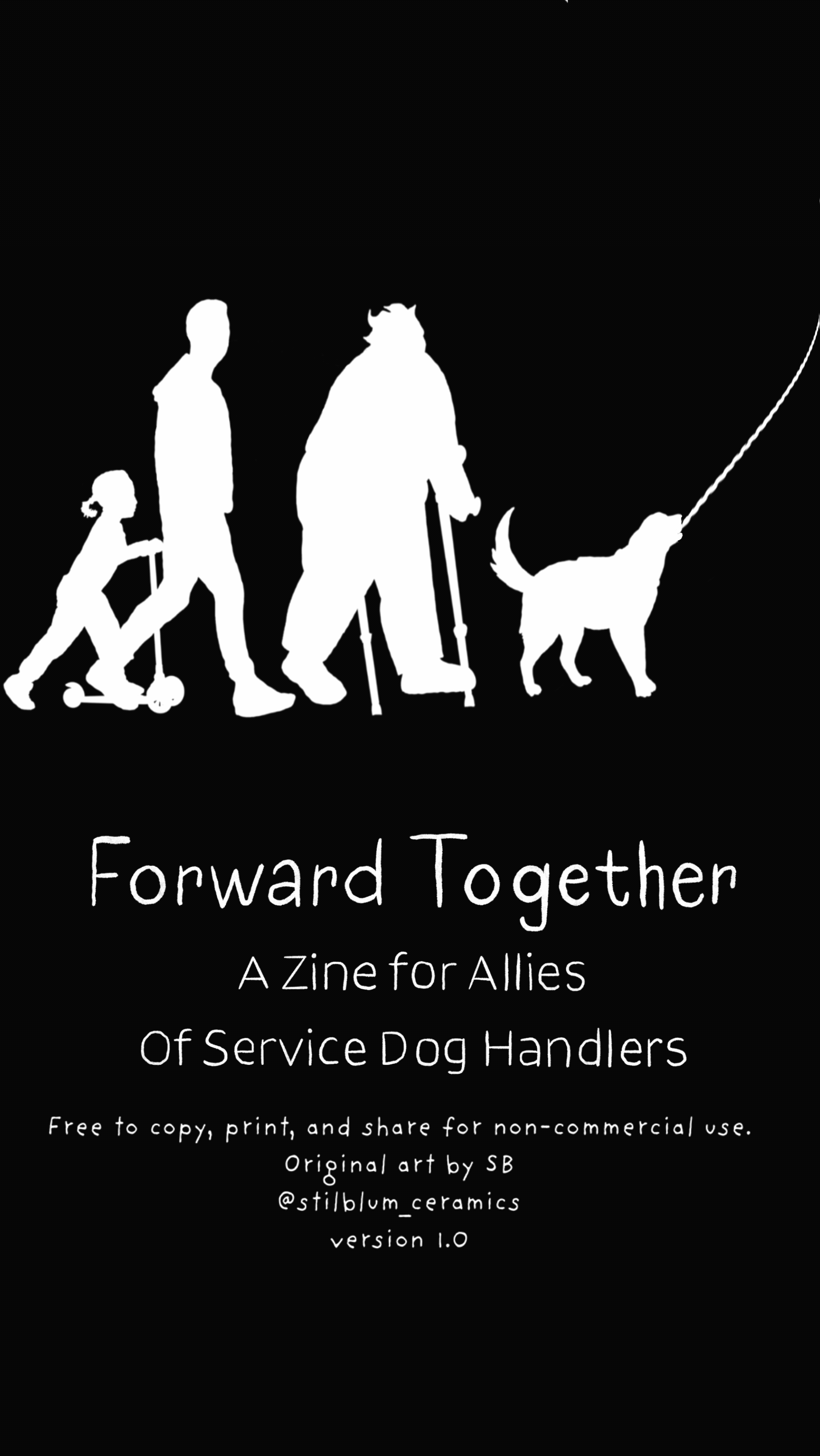 Silhouettes of three people and a service dog move across the top third of the page from left to right. The person in the front is using forearm crutches. The service dog is tugging a rope to flip the page.