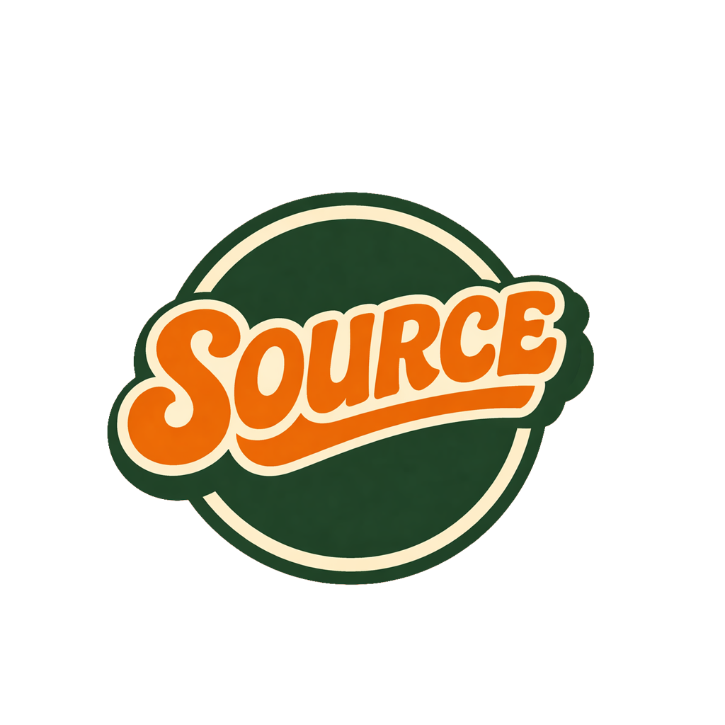 A logo with the word "SOURCE" in orange and white text inside a dark green circle with a white border.