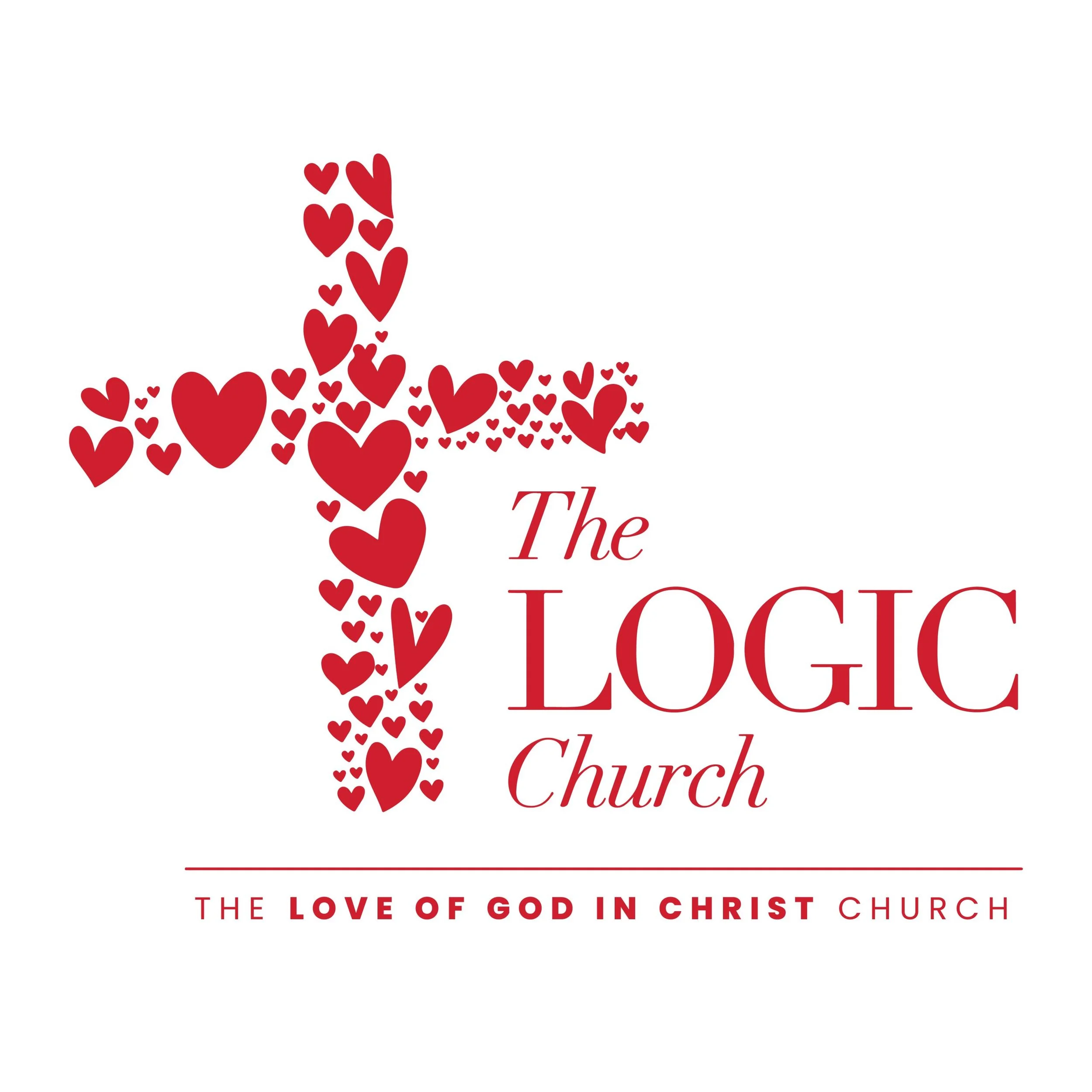 Design featuring a large arrangement of red hearts originating from the bottom left corner, partially covering the text 'The Love of God in Christ' with the partial phrase 'The love of Christ' visible, and a red underline beneath the main text.