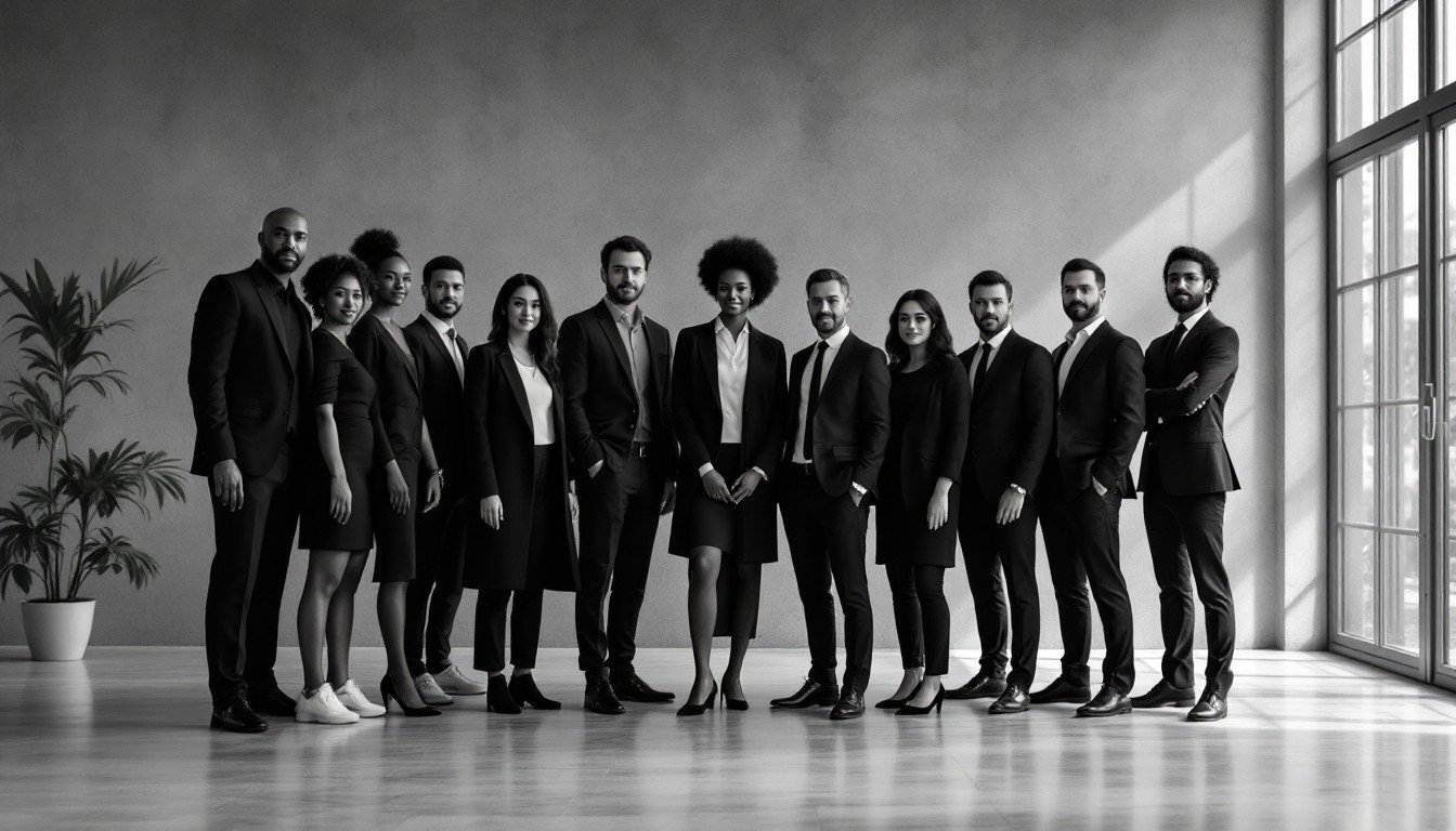 Group of diverse business professionals standing side by side in an office with natural light, all dressed in formal black suits and dresses, looking at the camera.