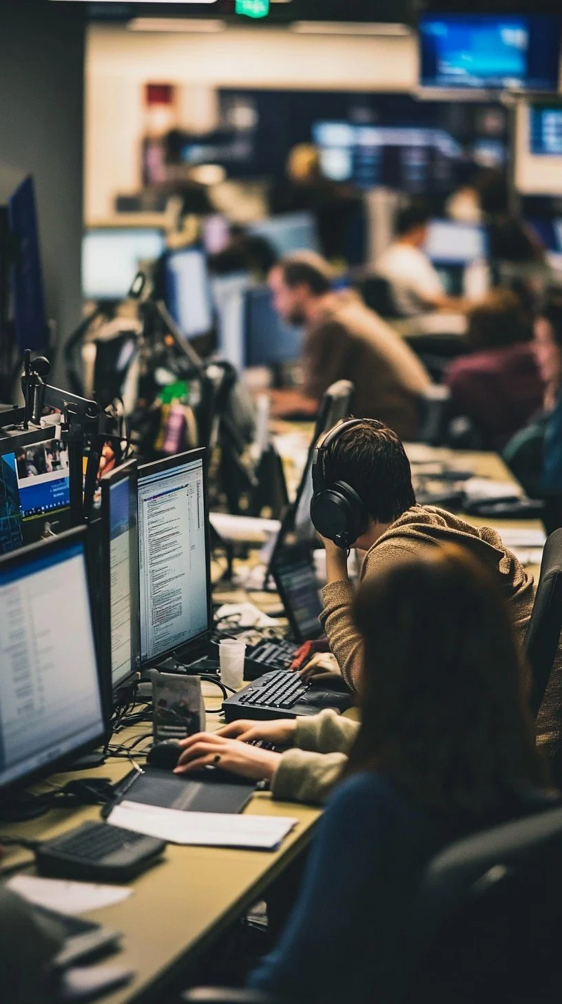 Office scene with multiple people working at desks with computer monitors, some wearing headphones, and papers scattered around.
