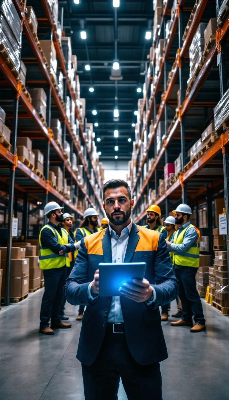 A man in a business suit and safety vest holding a tablet in a warehouse, with workers wearing safety helmets and vests in the background, surrounded by shelves of boxes.