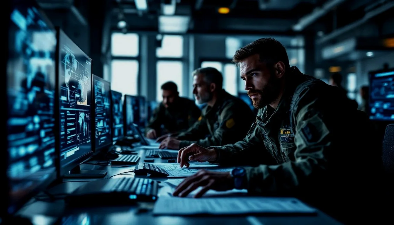 A group of men in military uniforms working at computers in a dark room with large screens displaying digital data.