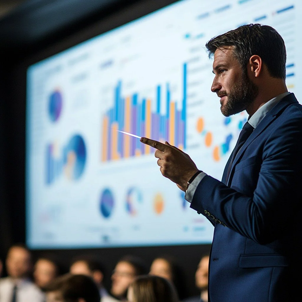 A man in a suit presenting data on a large screen with charts and graphs in front of an audience.