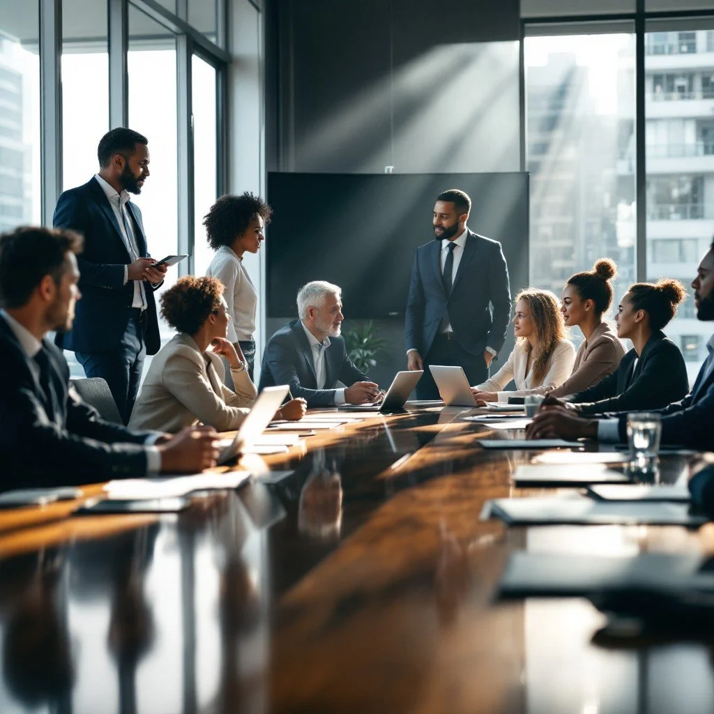 A diverse group of professionals in a modern conference room, engaged in a business meeting with laptops and documents.