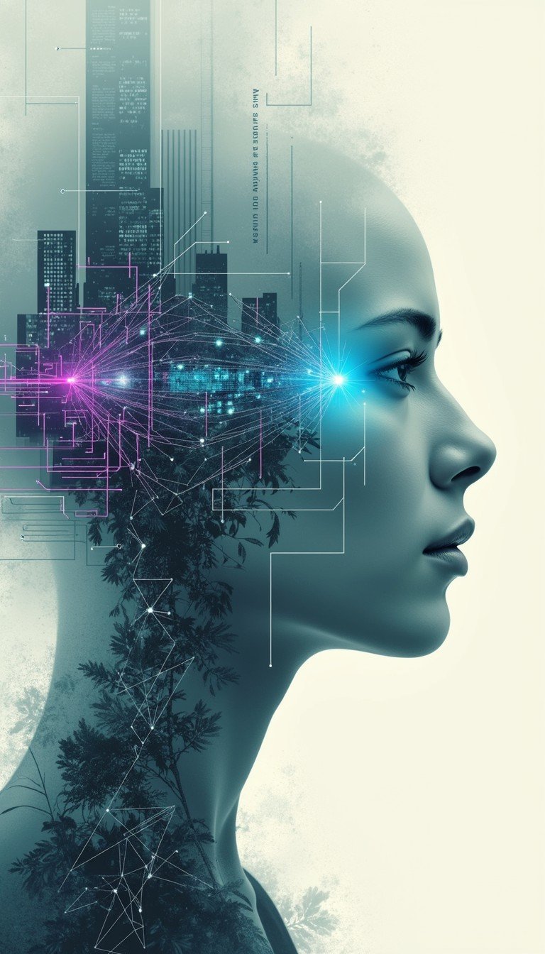 A digital artwork of a woman's side profile with a futuristic cityscape, circuit lines, and glowing lights integrated into her head and neck, representing technology and artificial intelligence.