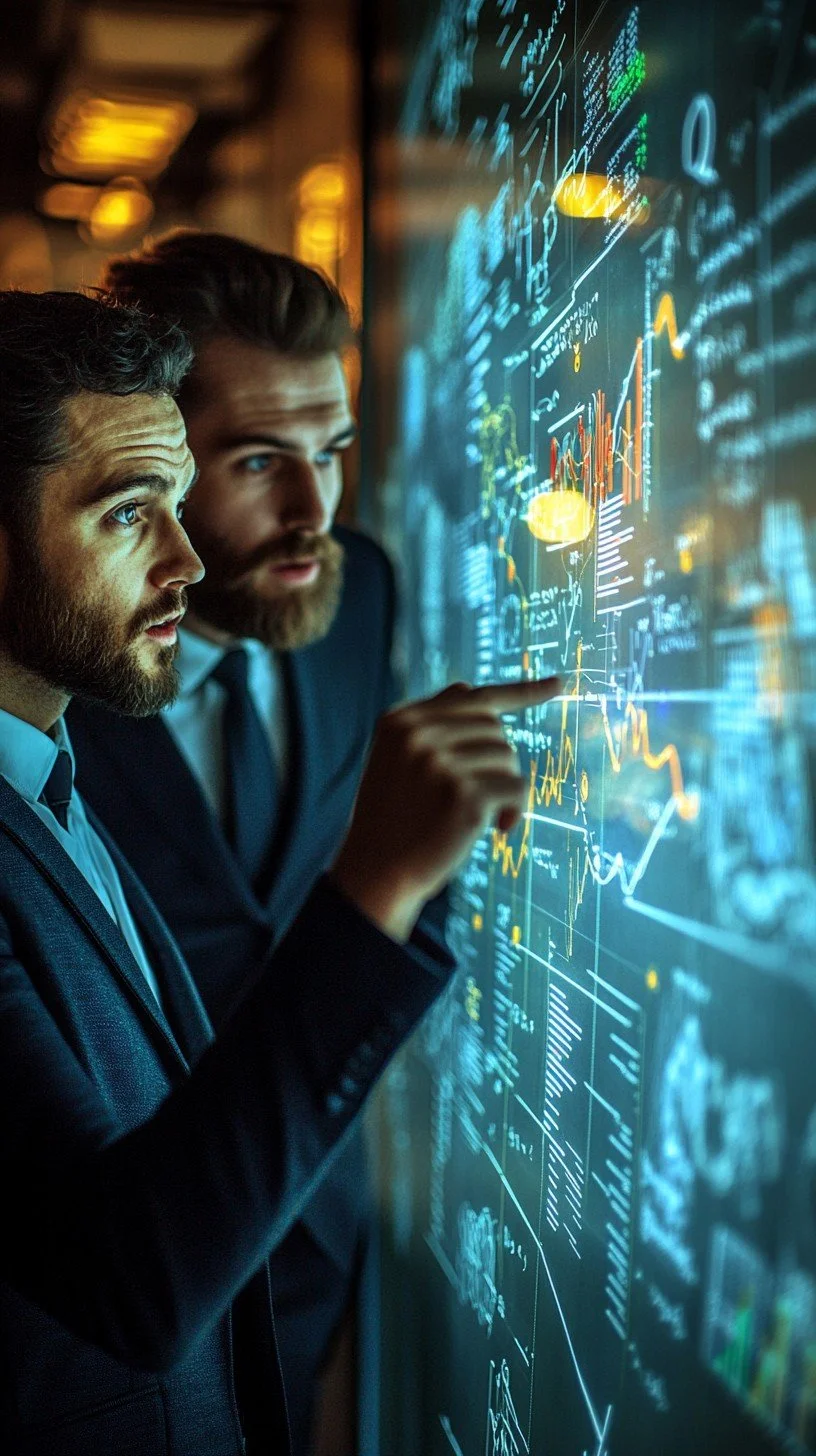 Two men in business suits analyzing data and charts on a large digital screen in a dimly lit room.