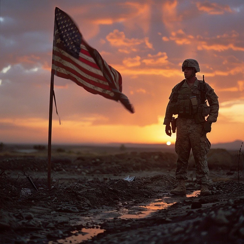 A soldier standing next to a damaged American flagpole and flag during sunset in a rugged terrain.