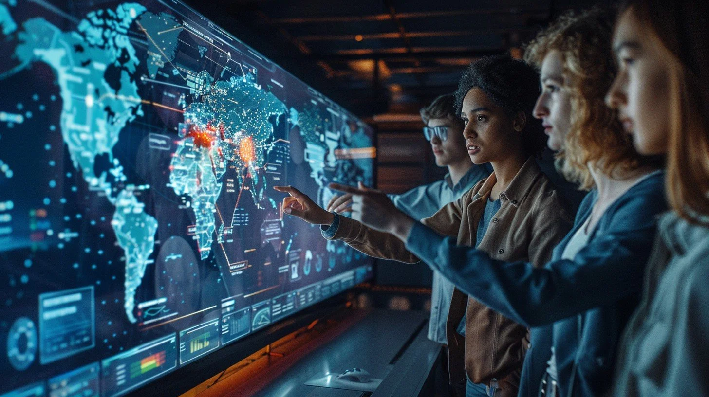 Five people, including one with glasses and curly hair, looking serious and focused, are interacting with a large digital world map display showing global data, with some highlighted regions