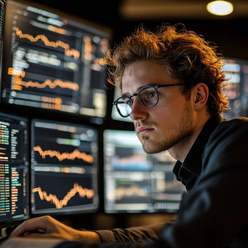 A man with glasses working at multiple screens displaying stock market graphs and data in a trading room.
