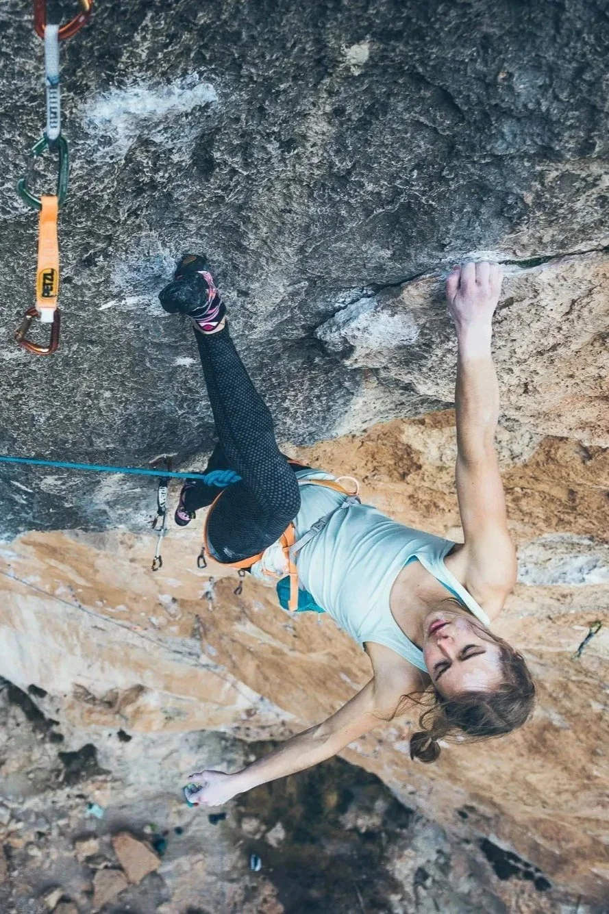 ABC alumna Margo Hayes sport climbing on a steep limestone wall