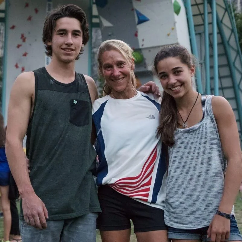 Robyn Erbesfield-Raboutou with her children Shawn and Brooke Raboutou at the climbing gym