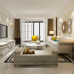 Elegant living room with cream-colored sofas, a glass coffee table, large window with gold and cream curtains, and decorative wall mirrors.