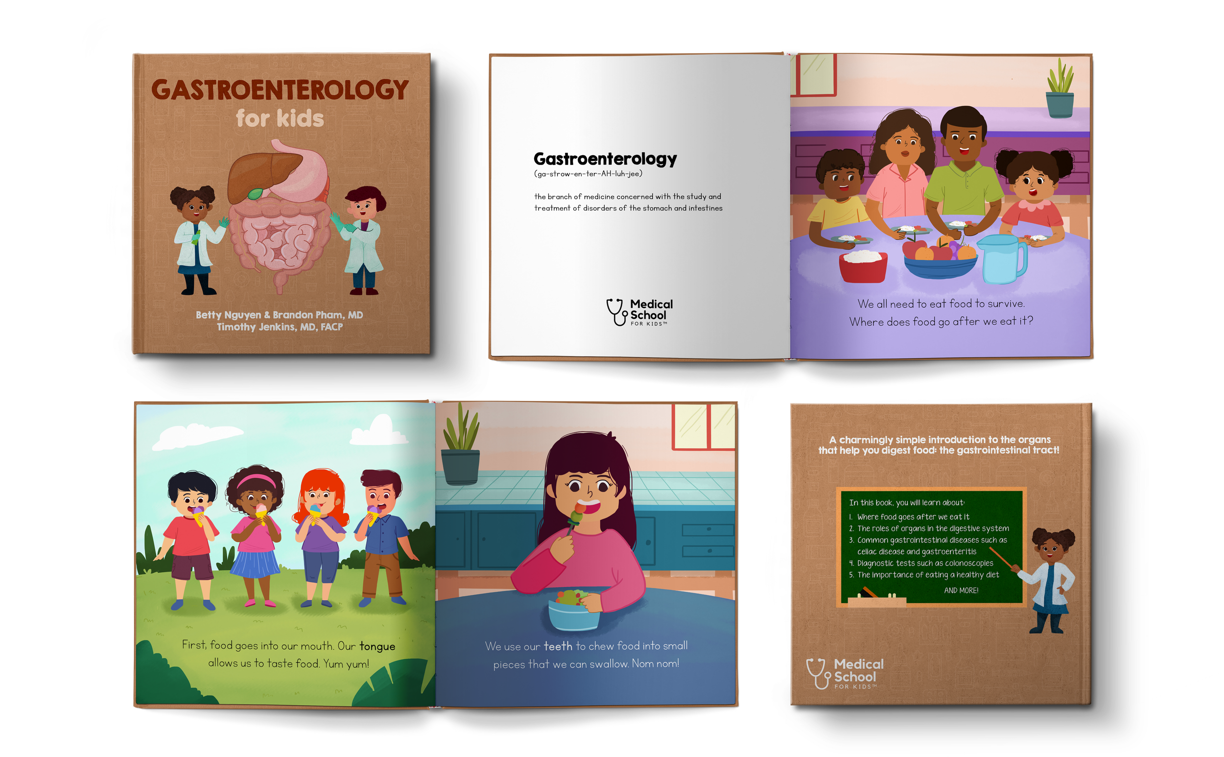 Open book titled "Gastroenterology for Kids" featuring illustrations of children eating food, a girl eating at a table, and a teacher pointing to a blackboard with information about the digestive system.