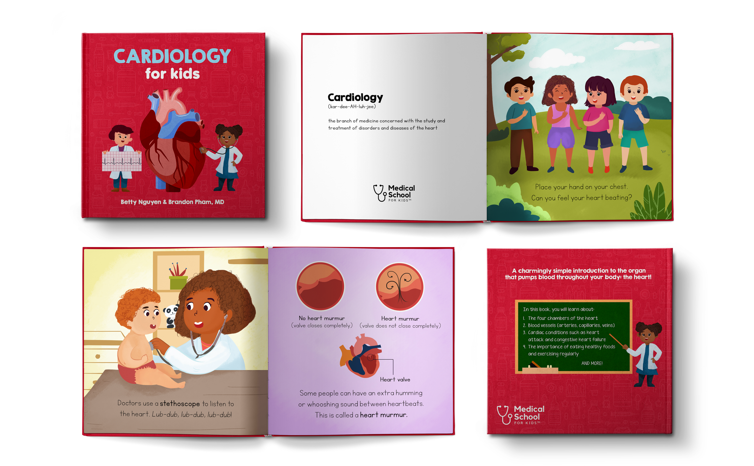 Children's educational book, called "Cardiology for Kids," about the heart and cardiology, featuring colorful illustrations of kids, doctors, and heart diagrams, with engaging text on heart health.