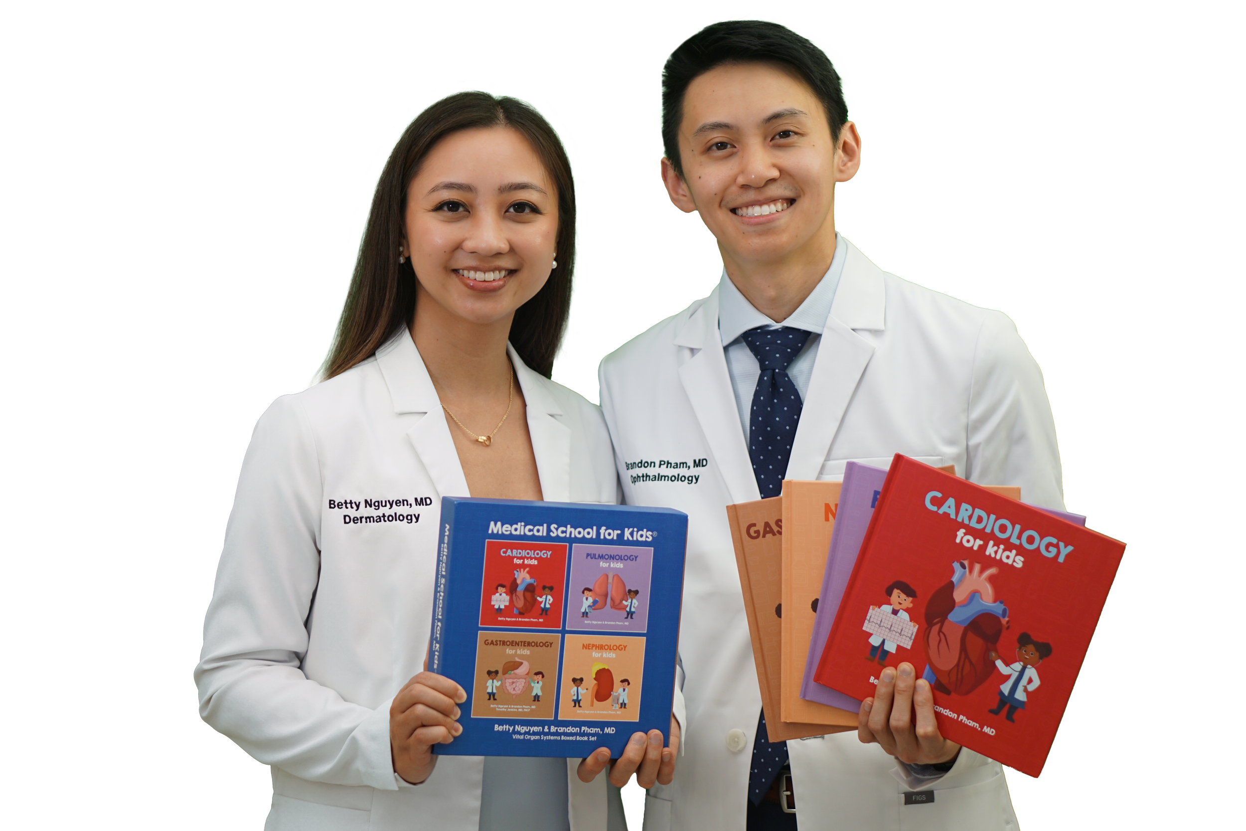 Two doctors, a woman (Dr. Betty Nguyen) and a man (Dr. Brandon Pham), wearing white coats and smiling, holding colorful children's medical books about cardiology, pulmonology, gastroenterology, and nephrology.