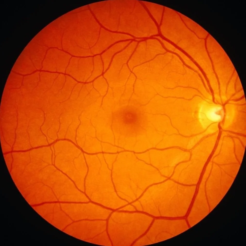 Retinal scan showing blood vessels radiating from the optic nerve head to the edges of the retina.