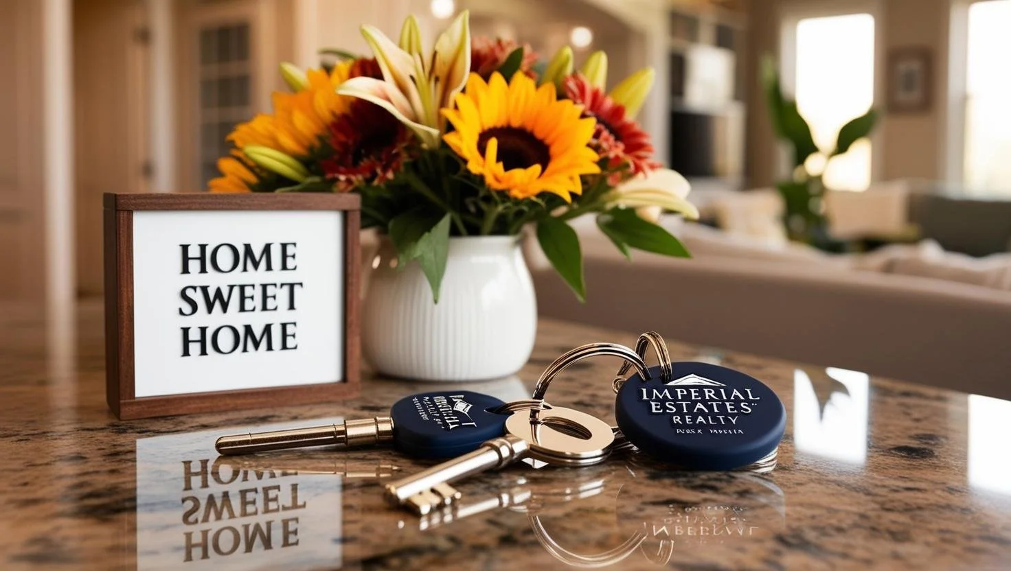 set of house keys and a branded Imperial Estates Realty keychain resting on a granite countertop next to a welcome home sign and fresh flowers. Soft depth of field, cozy interior in background. Branding is present but secondary to emotion.”%0A.JPG