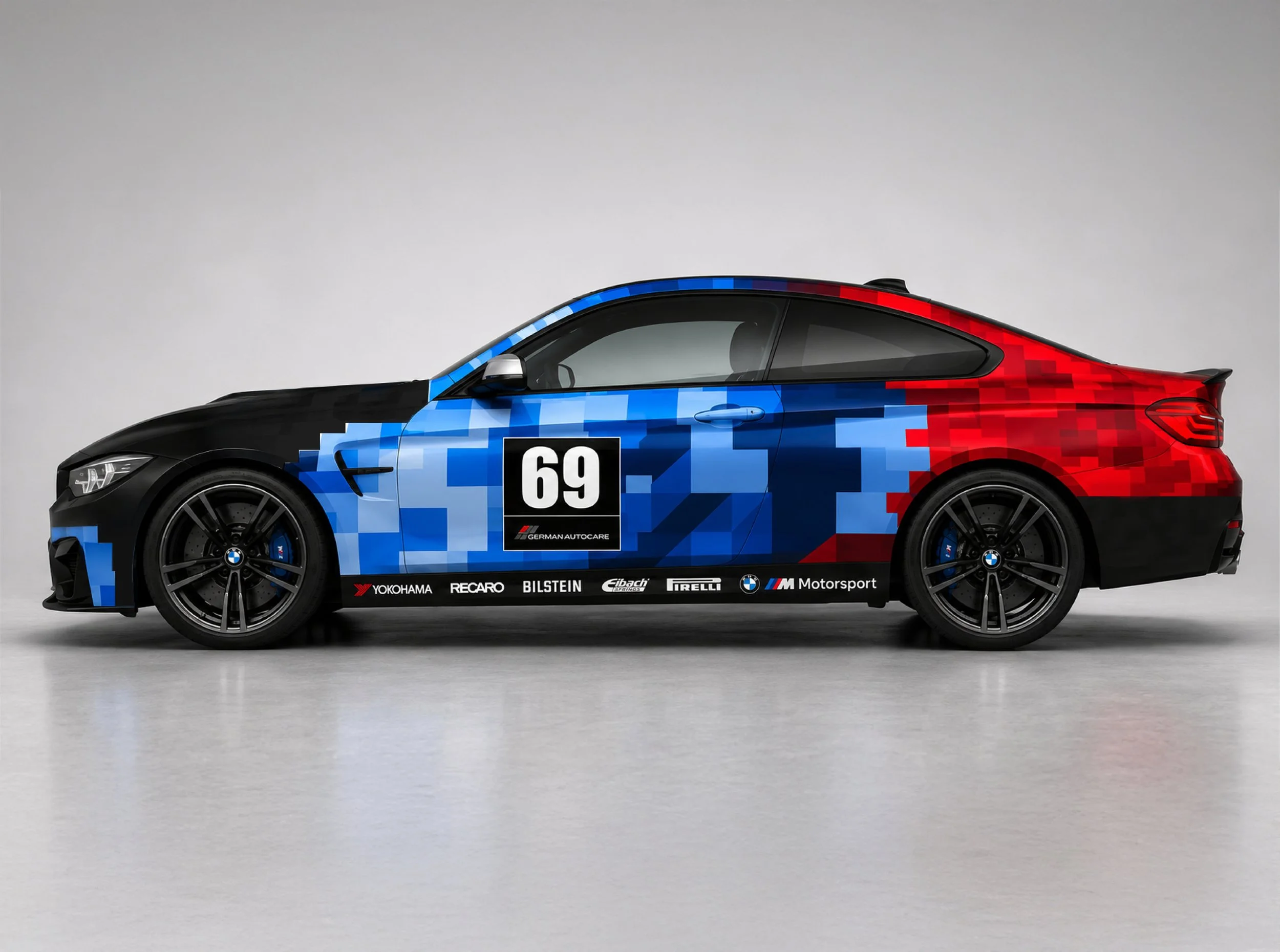 Vehicle wrap design for a BMW M4, showcasing a custom livery with realistic 3D visualisation and print-ready graphics.