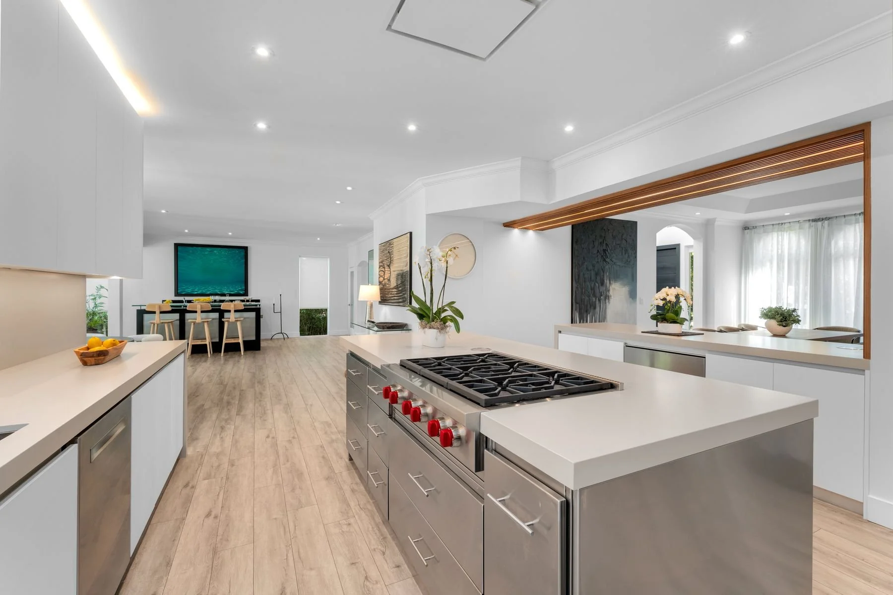 Gas WOLF 6 burner stovetop; Zephyr overhead extractor and light