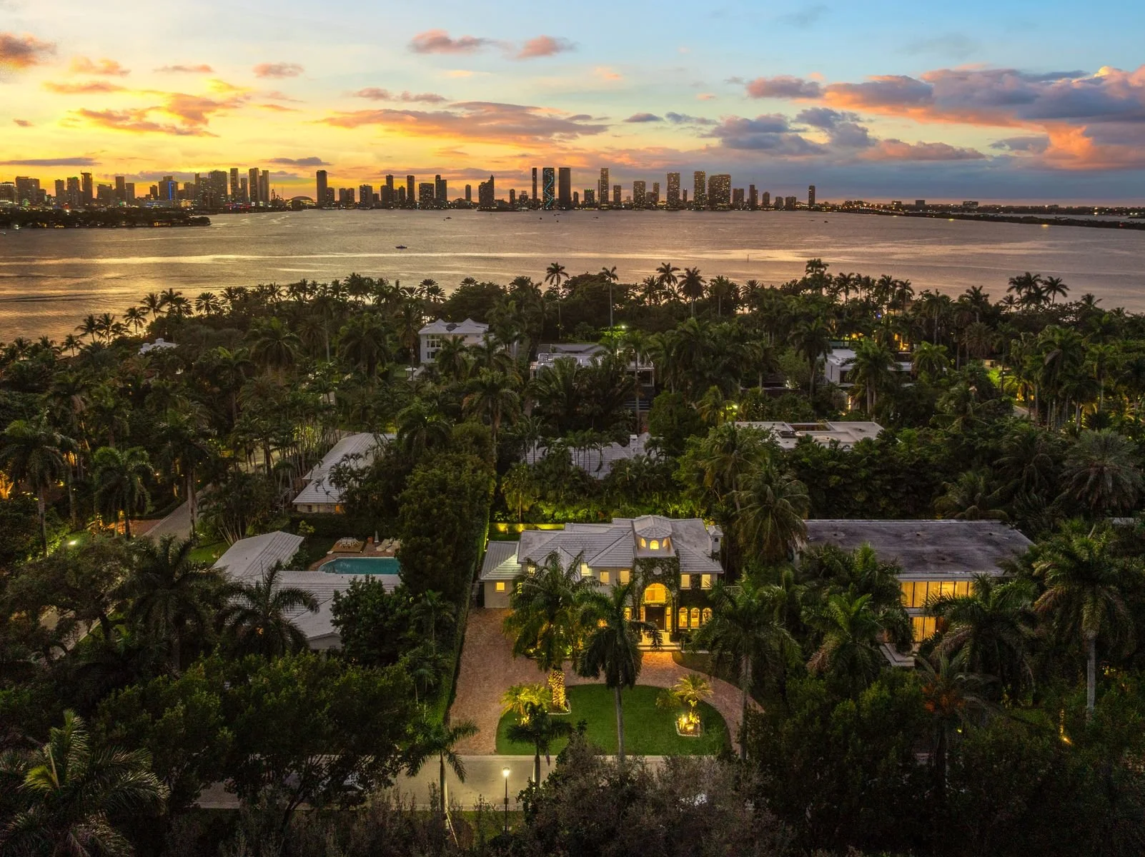 Aerial view of front exterior (twilight)