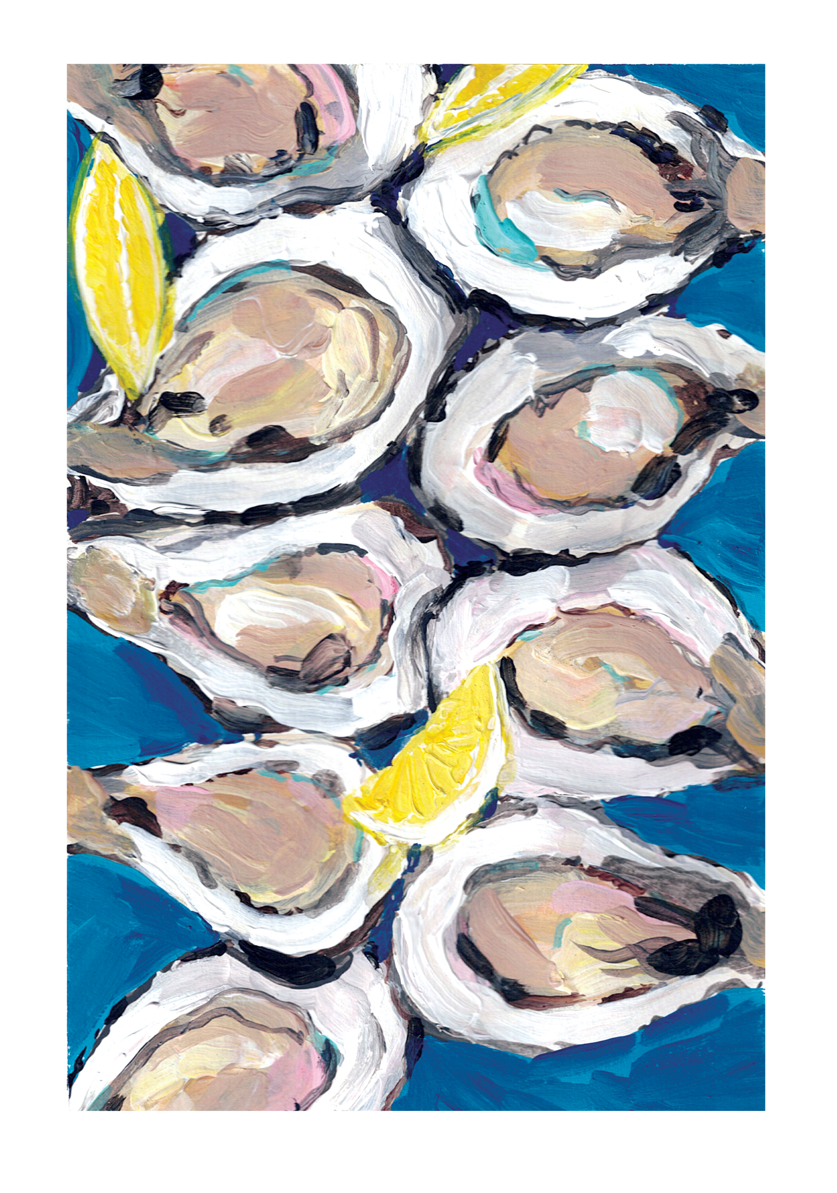 A colorful painting of open oyster shells on a blue background with lemon wedges.