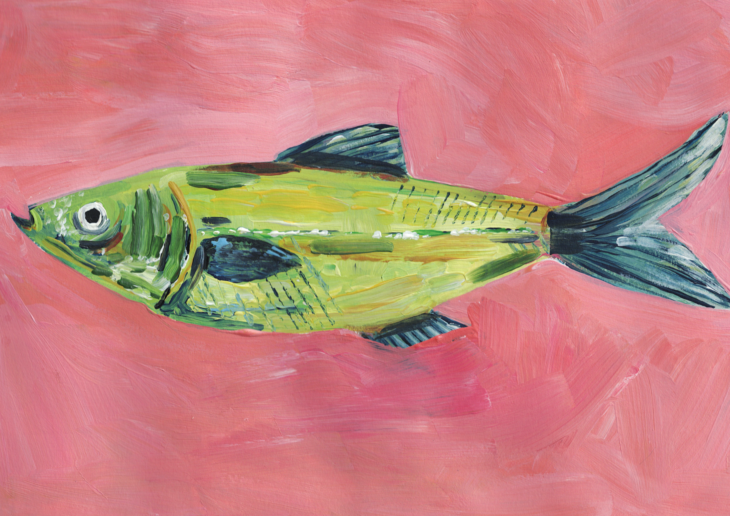 A colorful painting of a fish with yellow and green scales on a pink background.