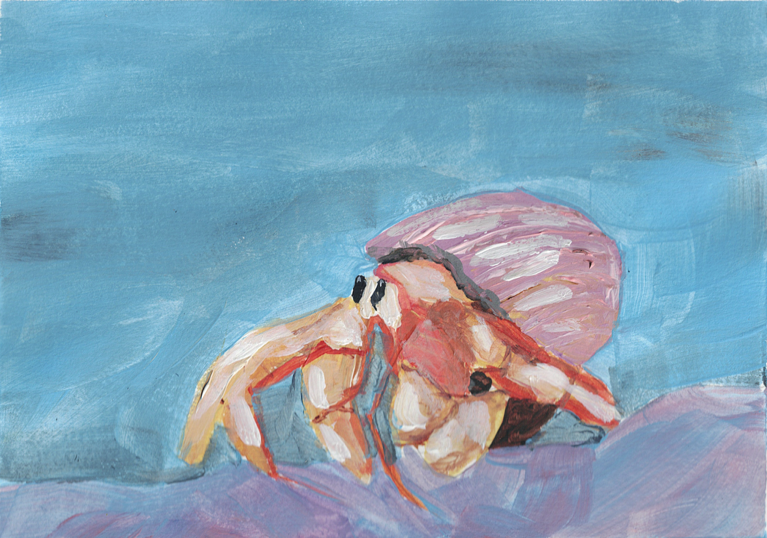 An abstract painting of a crab with a pink and orange shell against a blue background.
