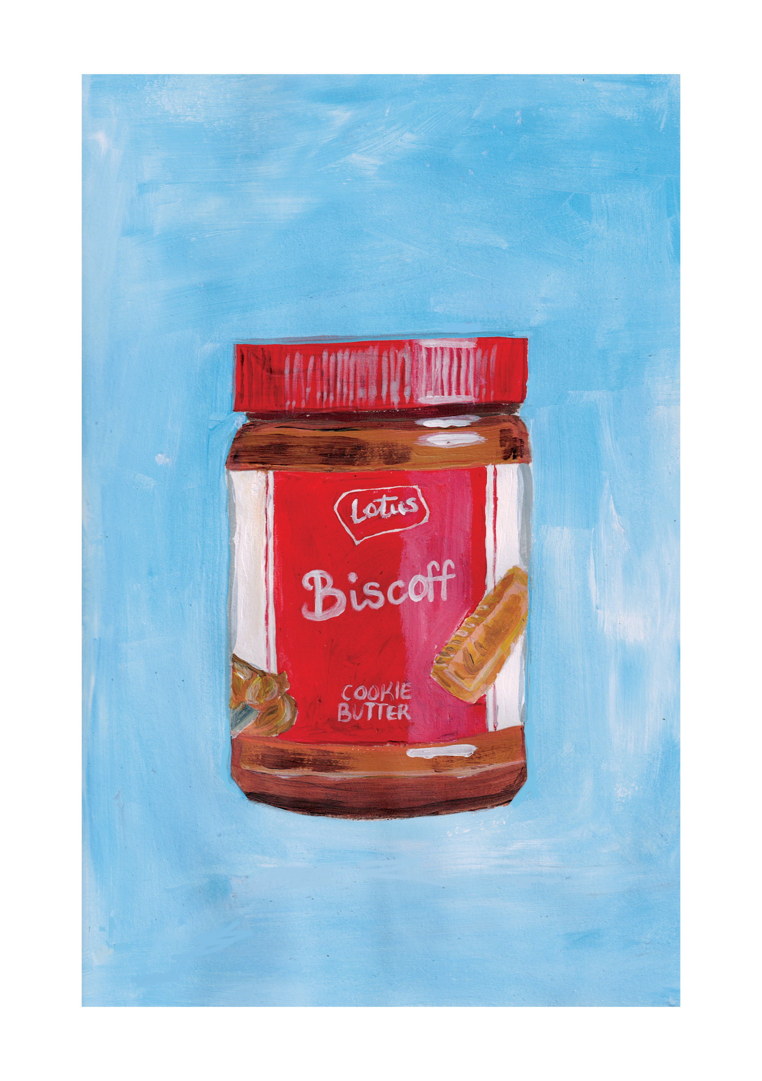 Painting of a jar of Lotus Biscoff cookie butter with a blue background.