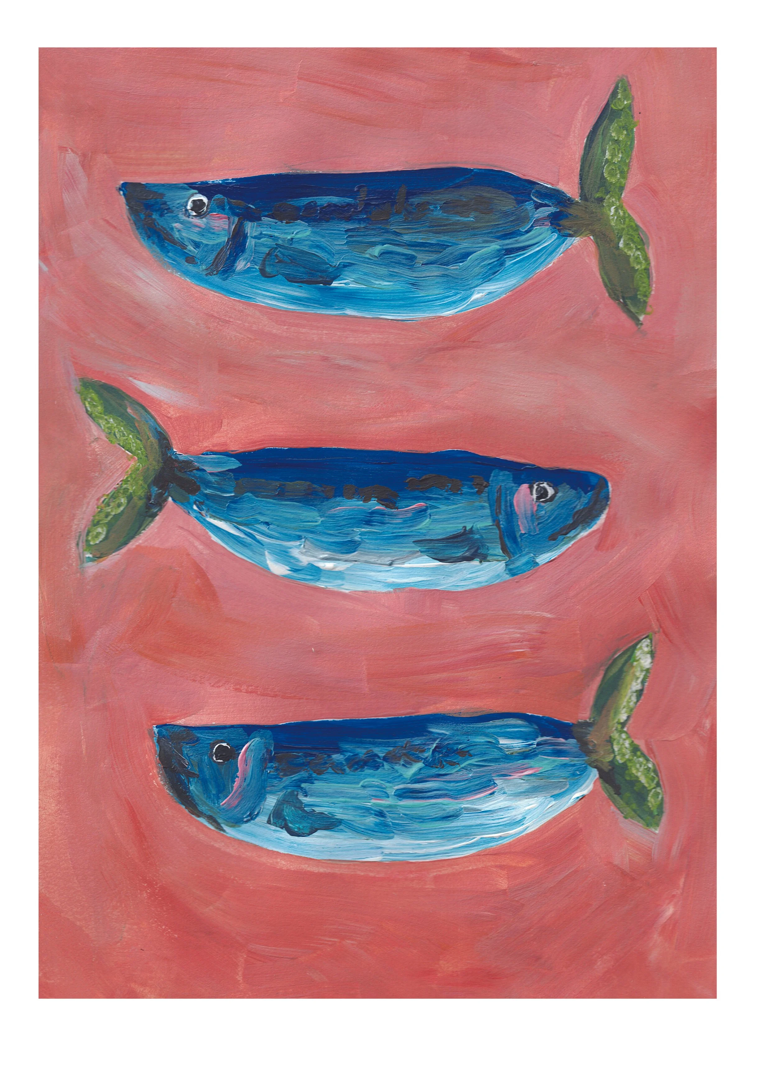 Painting of three blue fish with green tails on a pink background.