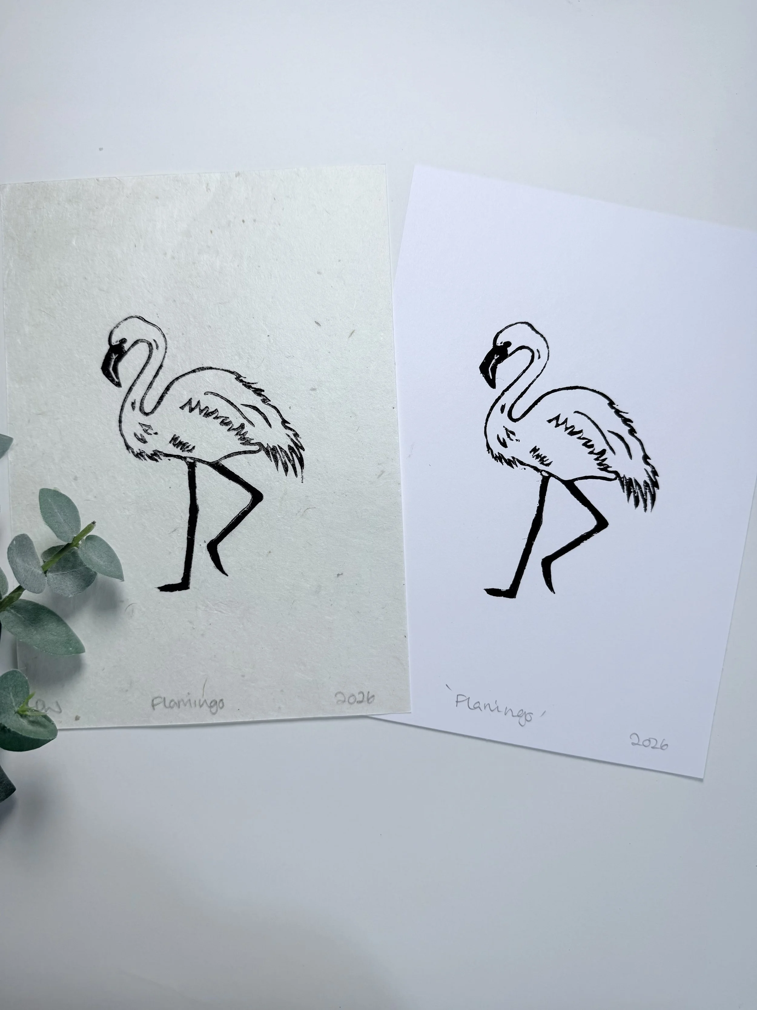 Flamingo  print | Nepalese Mountain Lokta  | Lino print A5