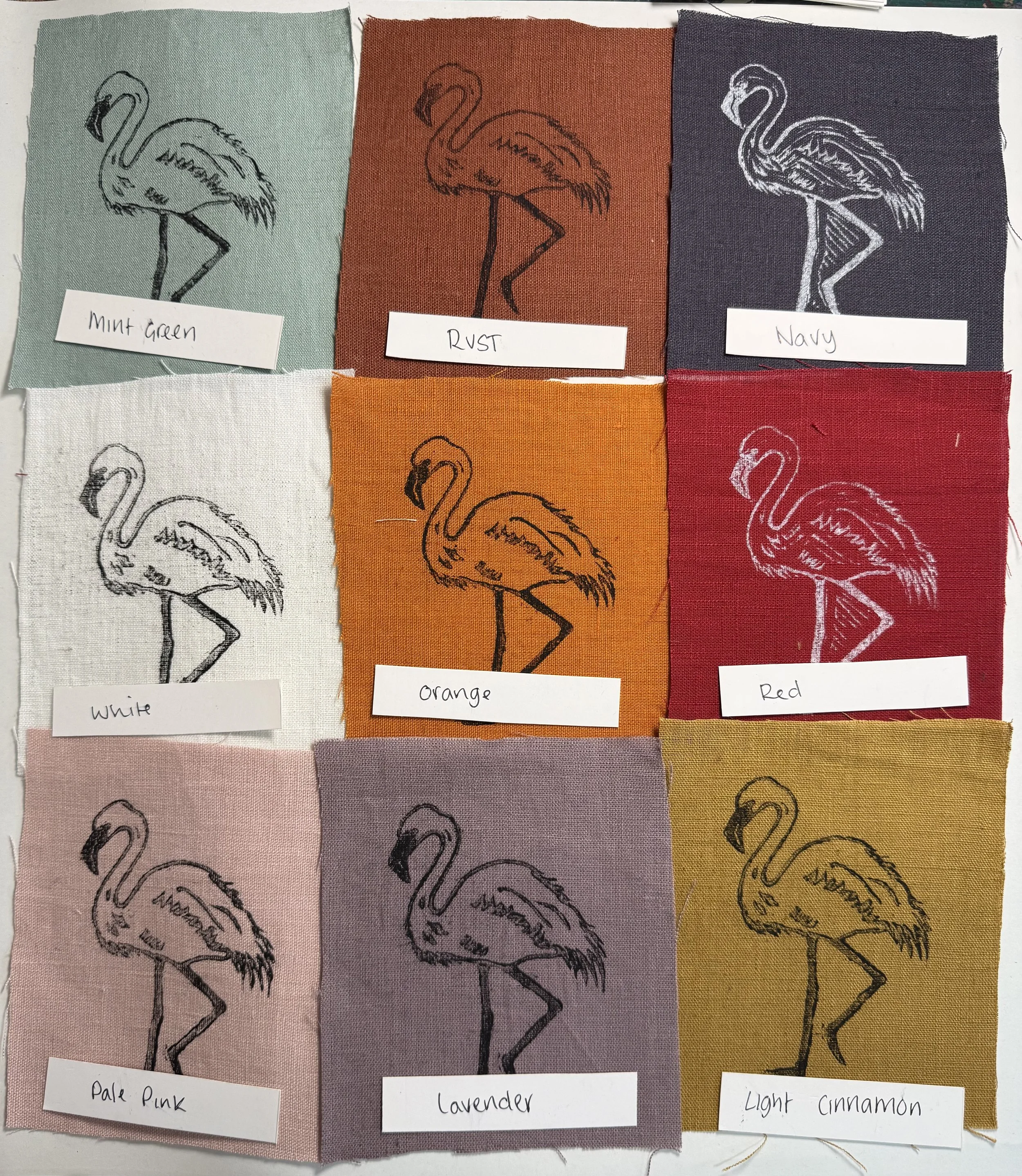 Linen patches, Flamingo, Lino print patches, fabric patch