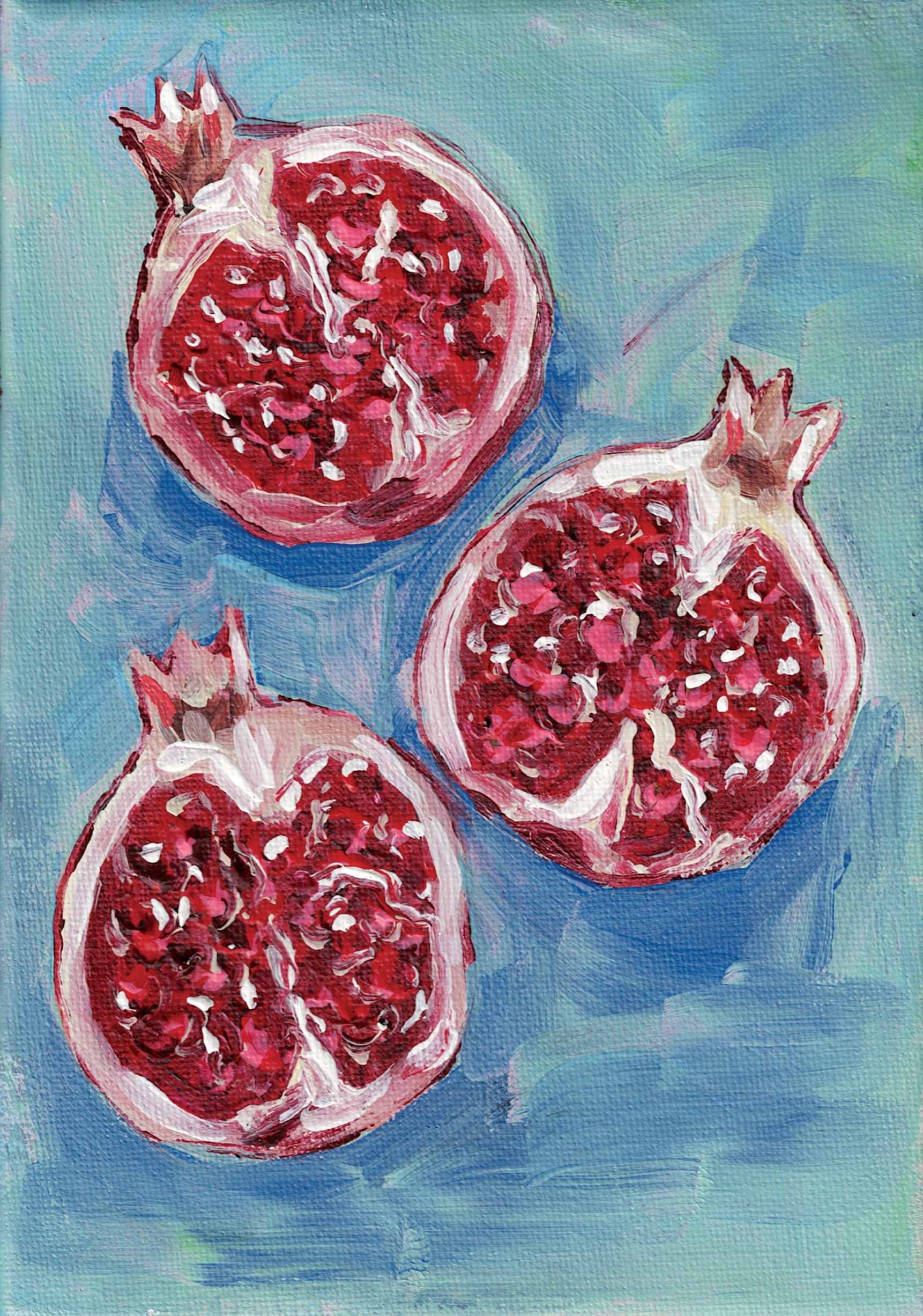 Painting of three pomegranates, two cut open to reveal the red seeds inside, on a blue-green background.