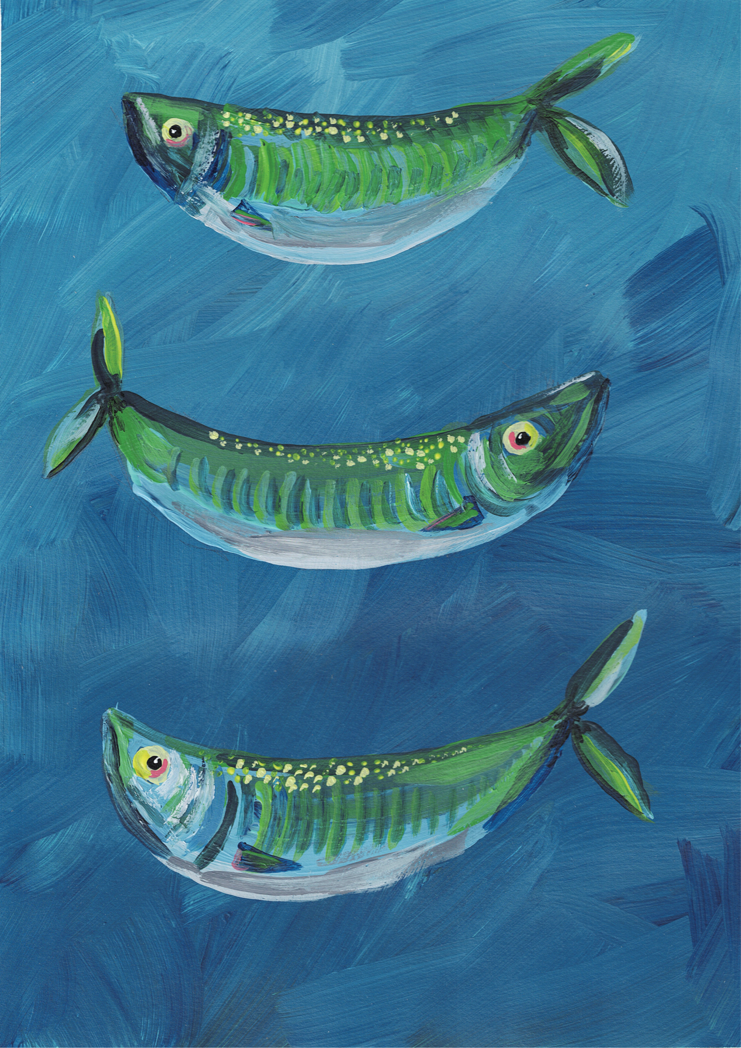Painting of three green and yellow fish swimming in blue water.