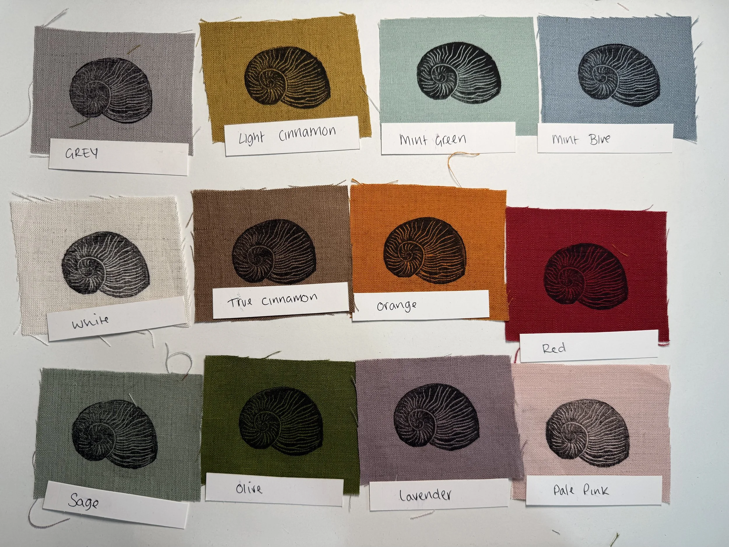 Linen patches, sea shell Lino print patches, fabric patch, clothing patch, quilting, textile crafts, cottage core