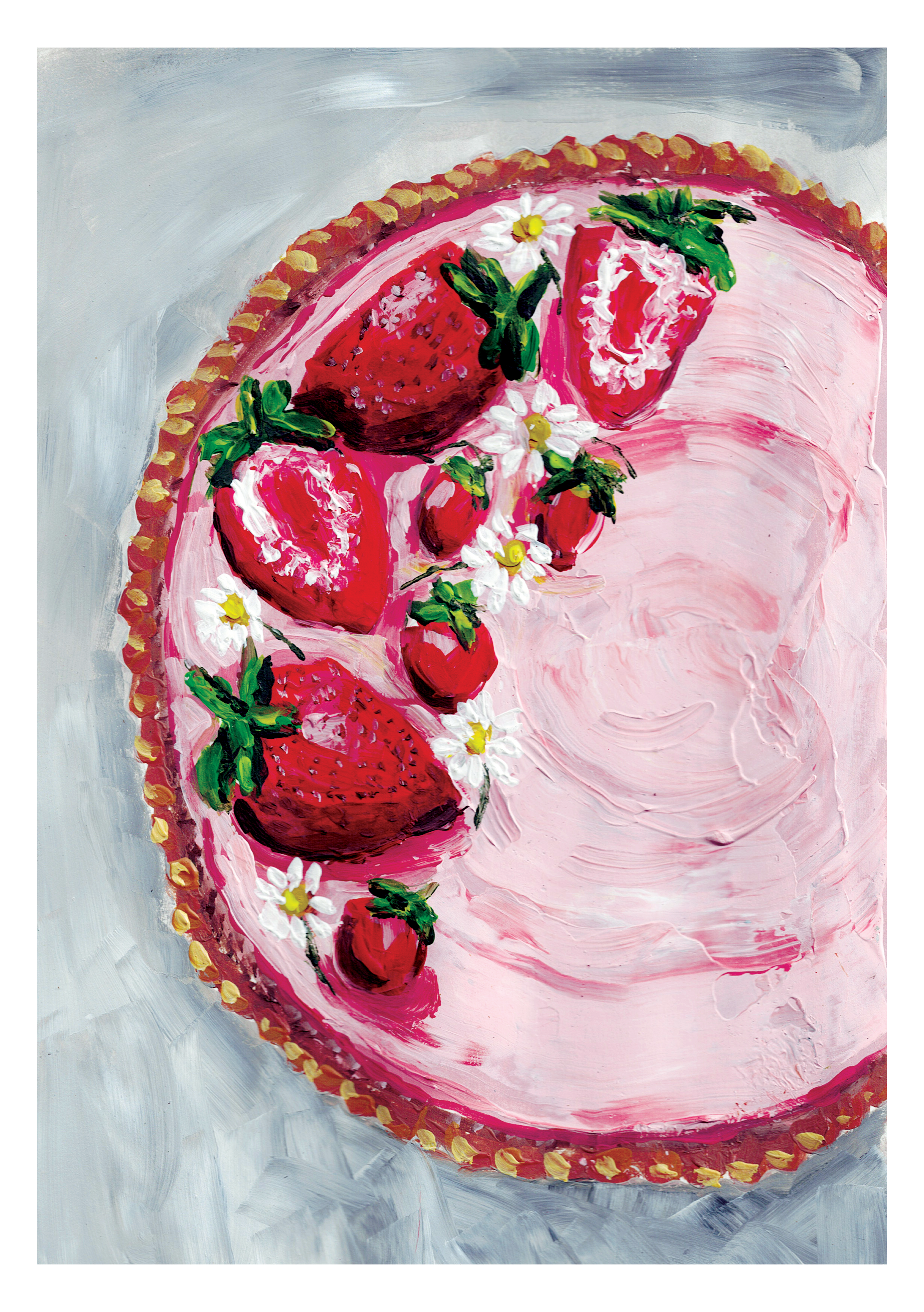 Painting of a strawberry shortcake with pink frosting, decorated with strawberries, strawberries cut in half, and white flowers with yellow centers, on a light grey and white background.