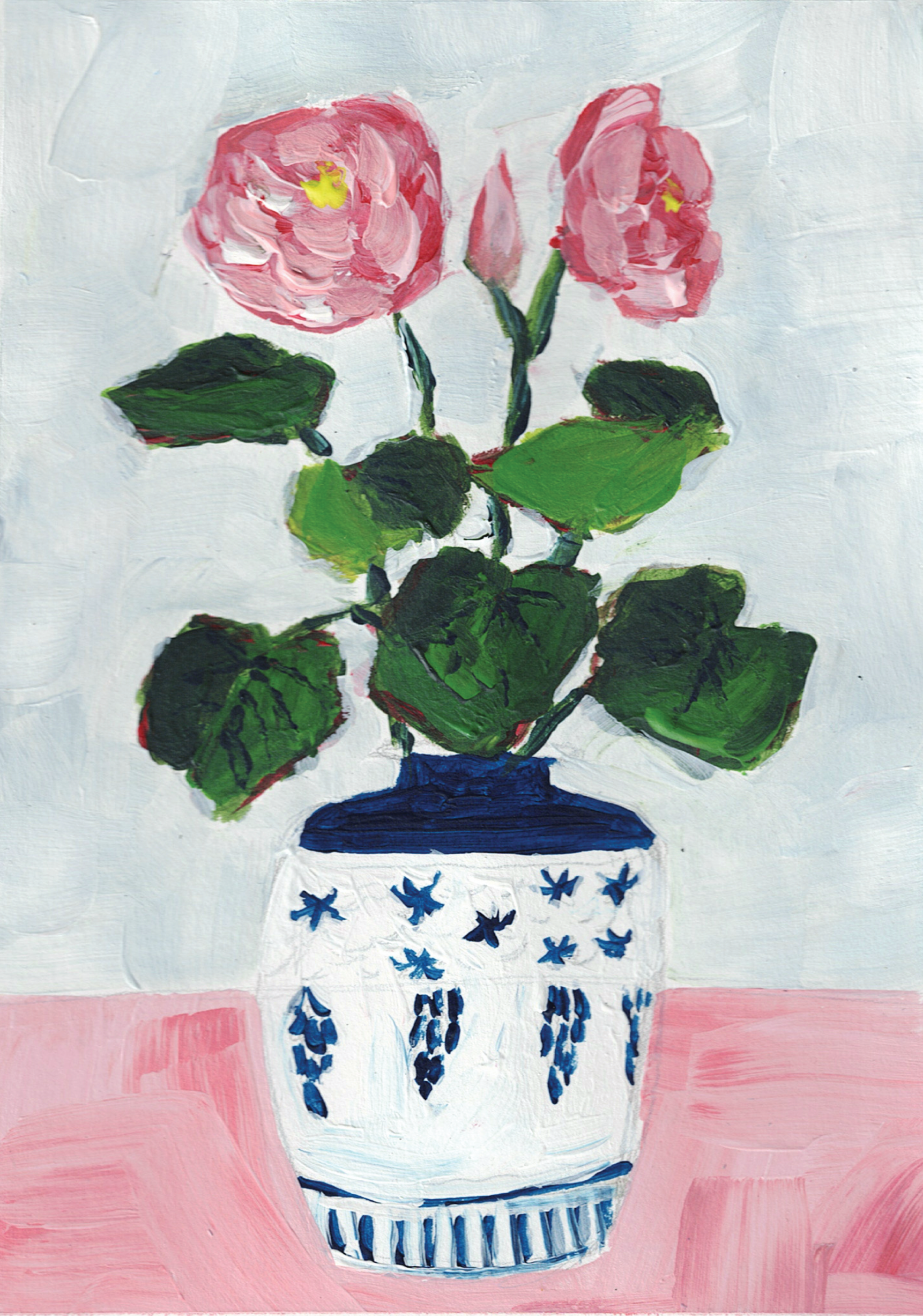Painting of pink flowers with green leaves in a blue and white patterned vase on a pink surface.