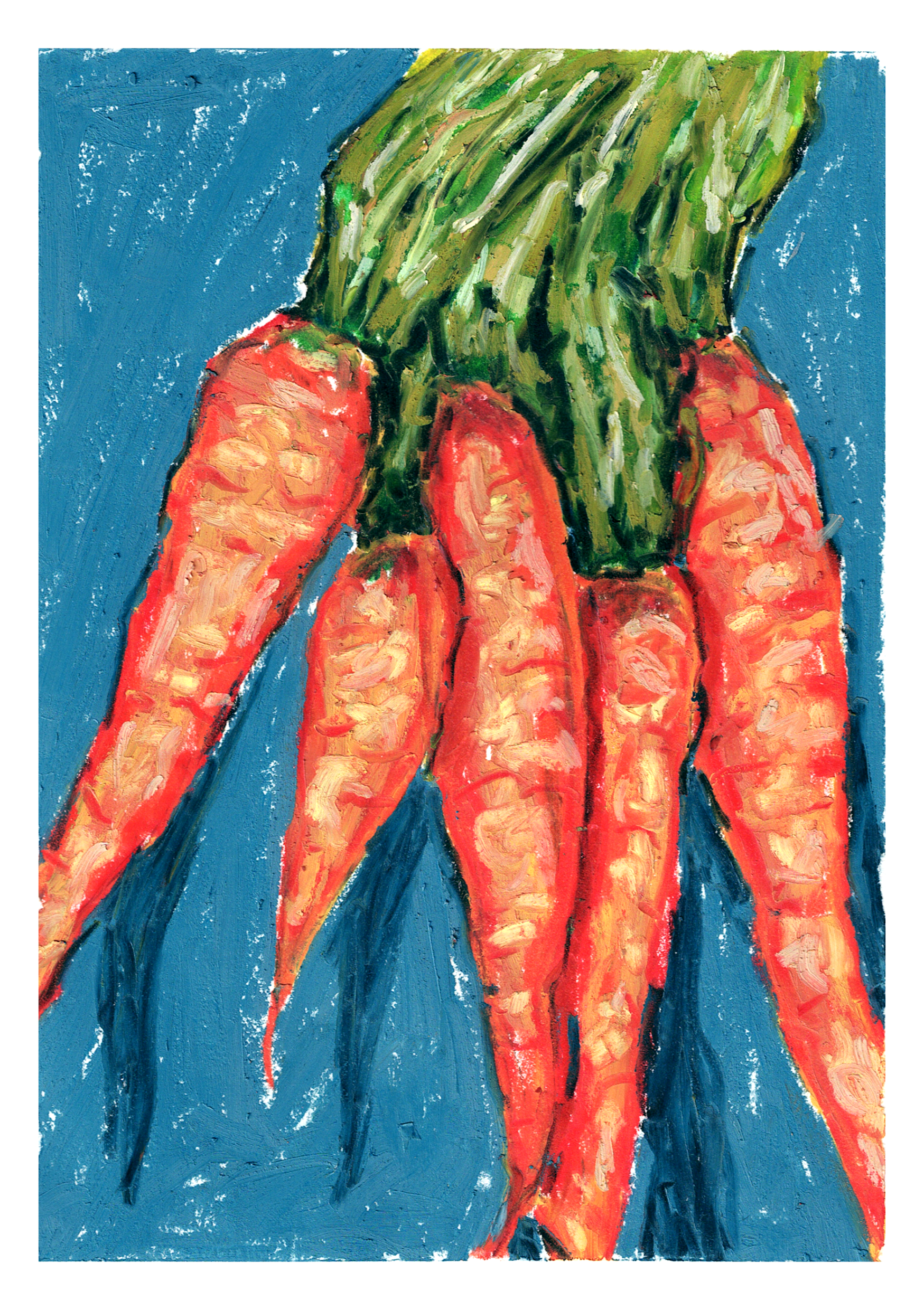 Painting of three carrots with green leafy tops against a blue background.