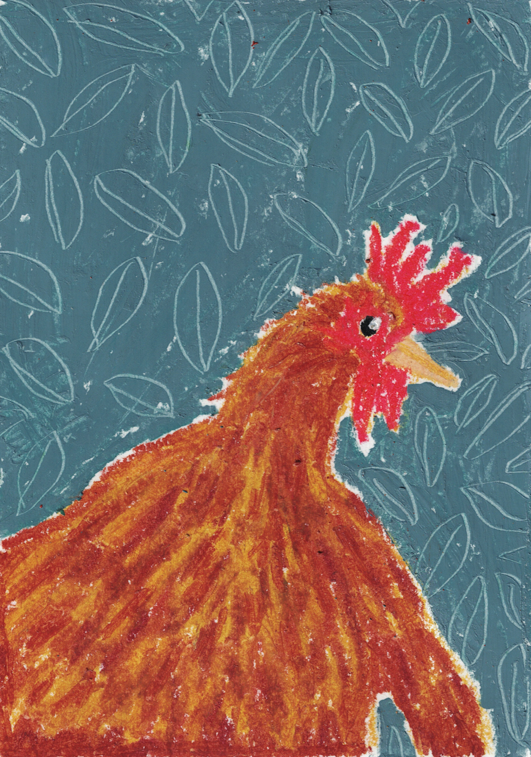 Child's drawing of a colorful rooster with a red comb and orange-brown feathers, set against a blue background with leaf patterns.