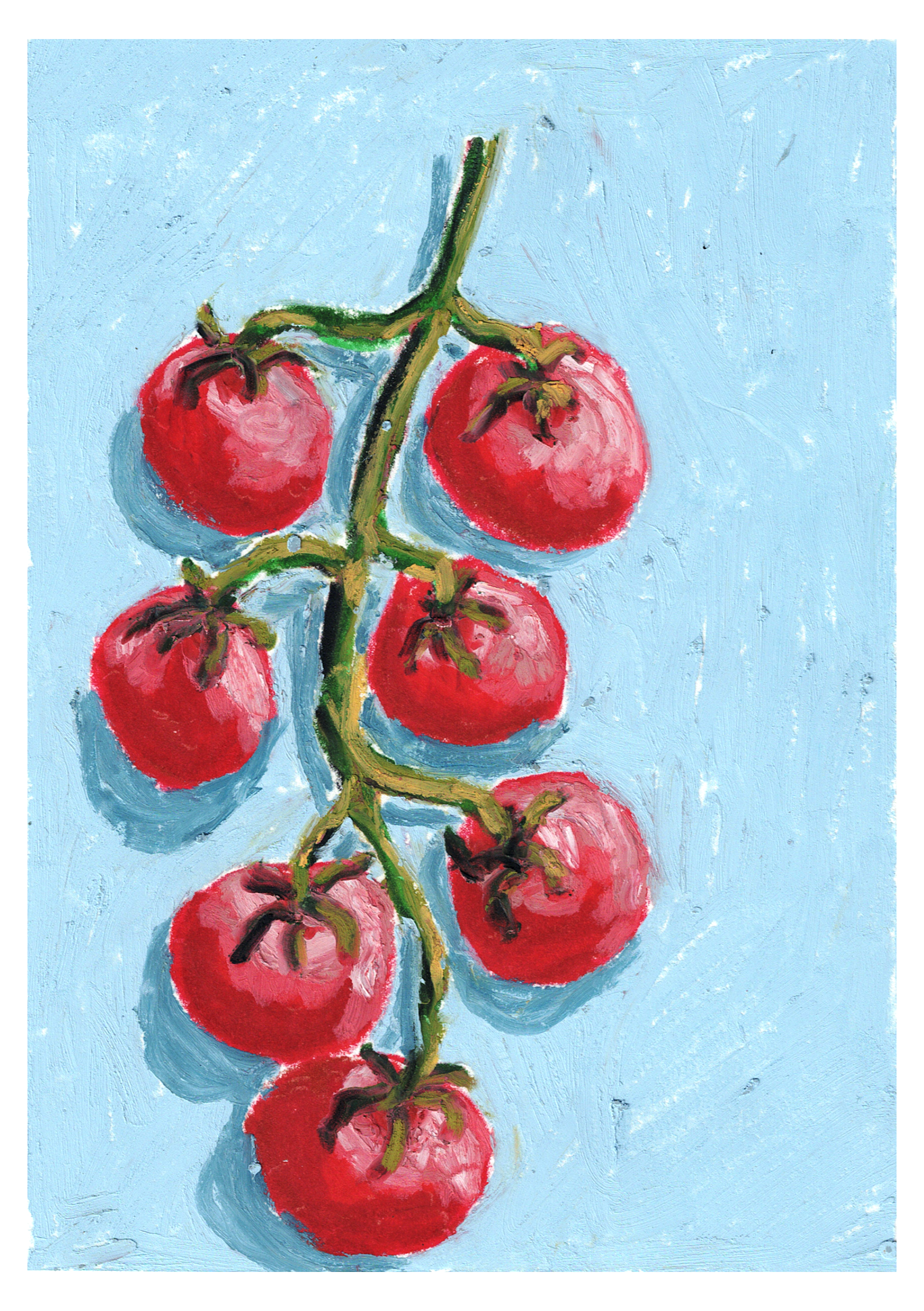 Painting of a cluster of red tomatoes on a vine against a blue background.
