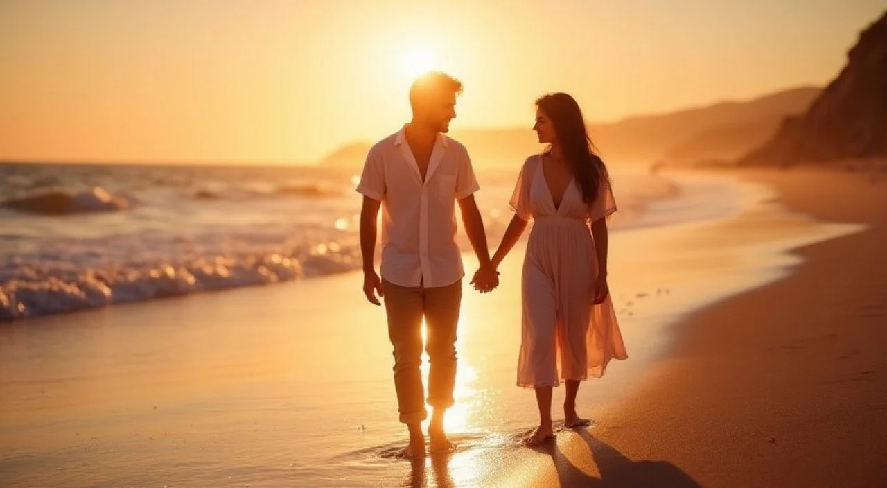 A couple holding hands at sunset, celebrating their love with a custom wedding song