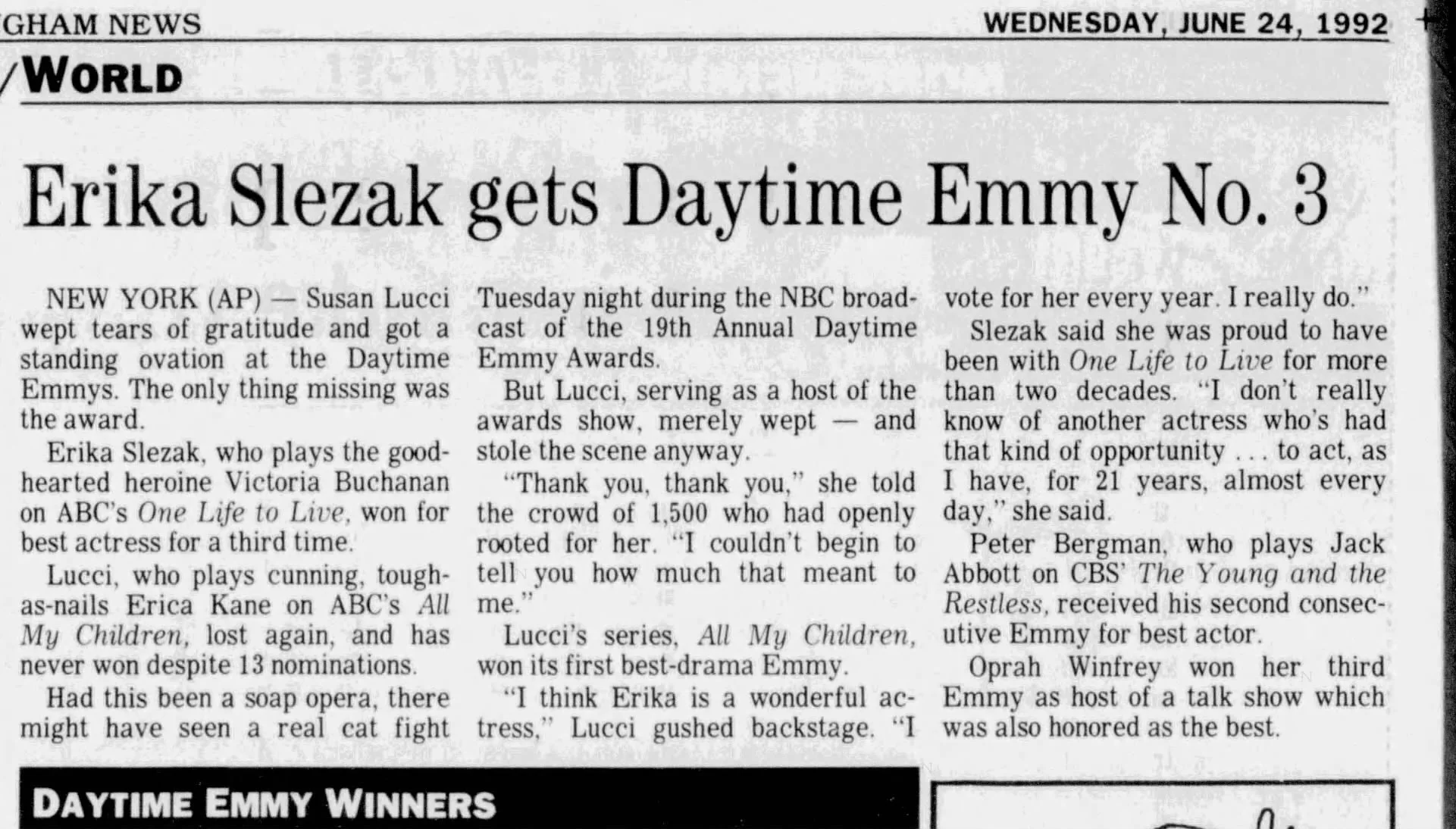 1992 Erika Slezak Gets Daytime Emmy No. 3