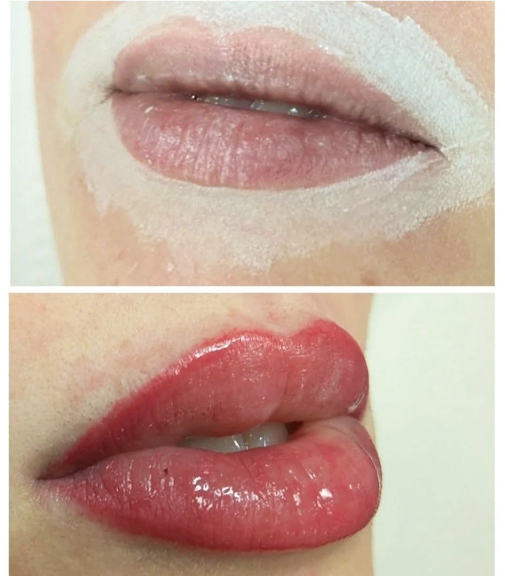 Close-up of a person's lips, showcasing a before and after transformation with applying lip makeup. The top image shows lips with a white base, and the bottom image shows lips with a glossy red lipstick.
