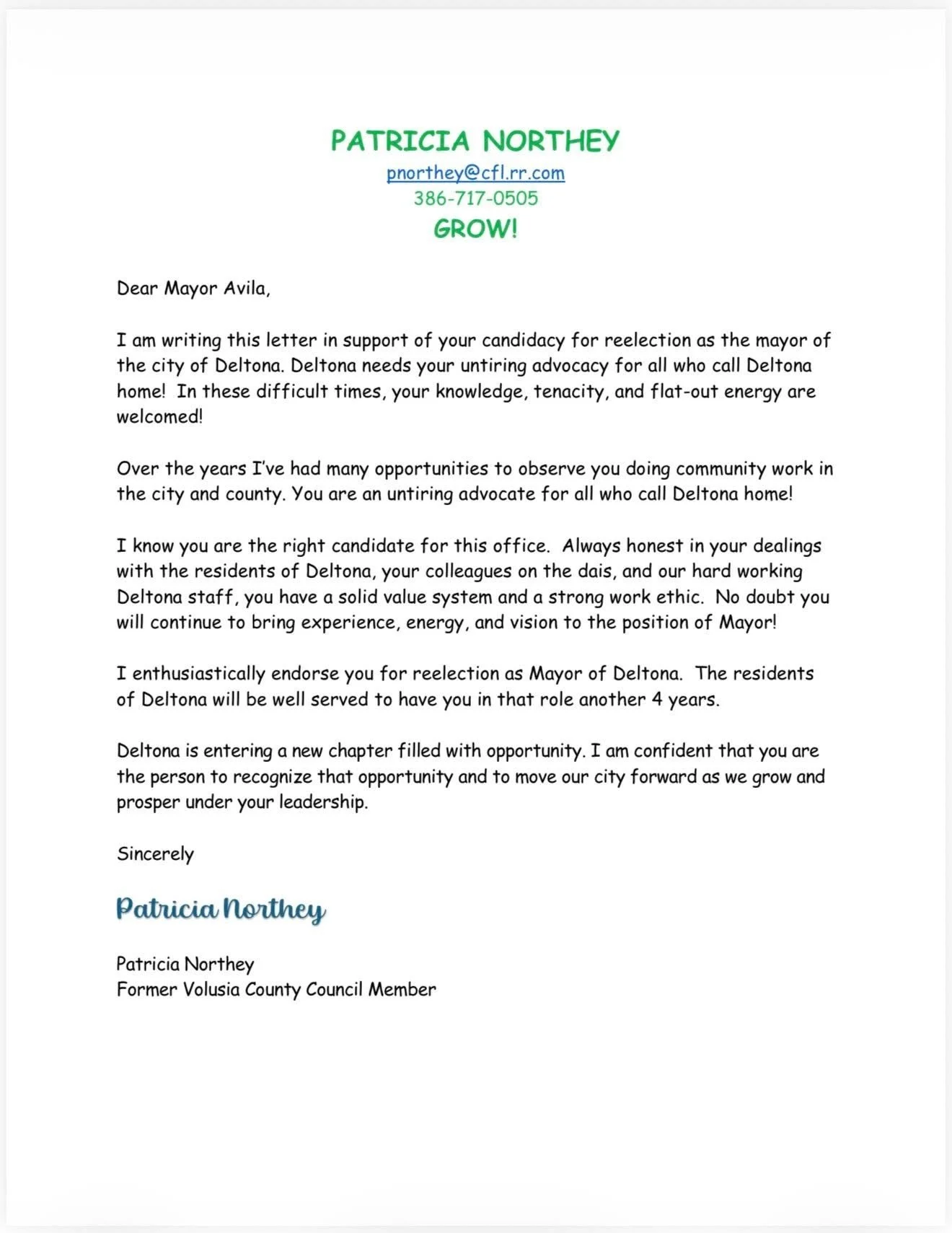 Letter supporting Patricia Northey's candidacy for mayor, addressed to Mayor Avila, praising her qualities and commitment, signed by Patricia Northey.