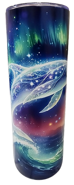 A cylindrical object with a colorful design featuring northern lights, whales, and star-like sparkles against a cosmic background.