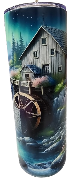 Illustration of a rustic watermill house by a rushing river at night with northern lights and a starry sky in the background.