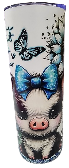 Decorative tumbler featuring a pig with a pink nose, black eyes, a blue bow tie, surrounded by black and white floral and butterfly patterns.