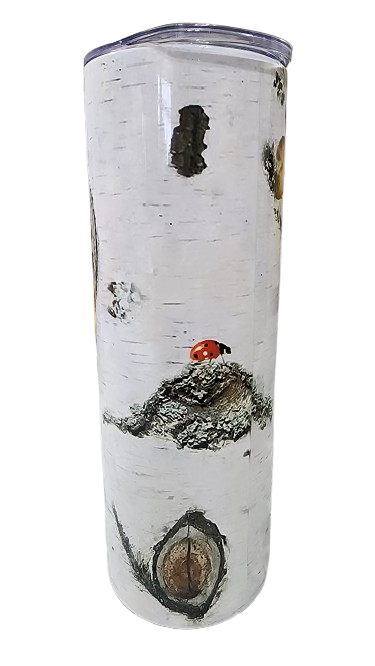 20oz Tumbler  3 bears in a wood heart ladybugs on a raised rock and several small black and yellow insects attached to the wall of the cylinder.