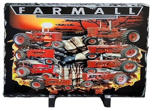 Collection of vintage red Farmall tractors on a display panel with a sunset background, flames, and a large American flag.